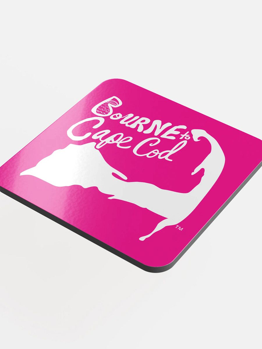 BOURNE to Cape Cod™ | Coastal Coaster | Glossed Cork | Eco-Friendly | Minimalist Coastal Decor | 3.74" Square | White Logo on Vibrant Pink product image (4)