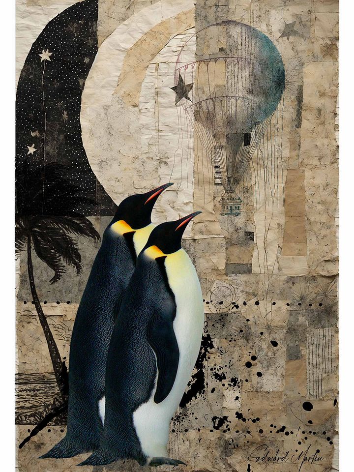 'Visitors' by Edward Martin Mixed Media Collage Print: Whimsical Penguins Enhanced Poster product image (1)