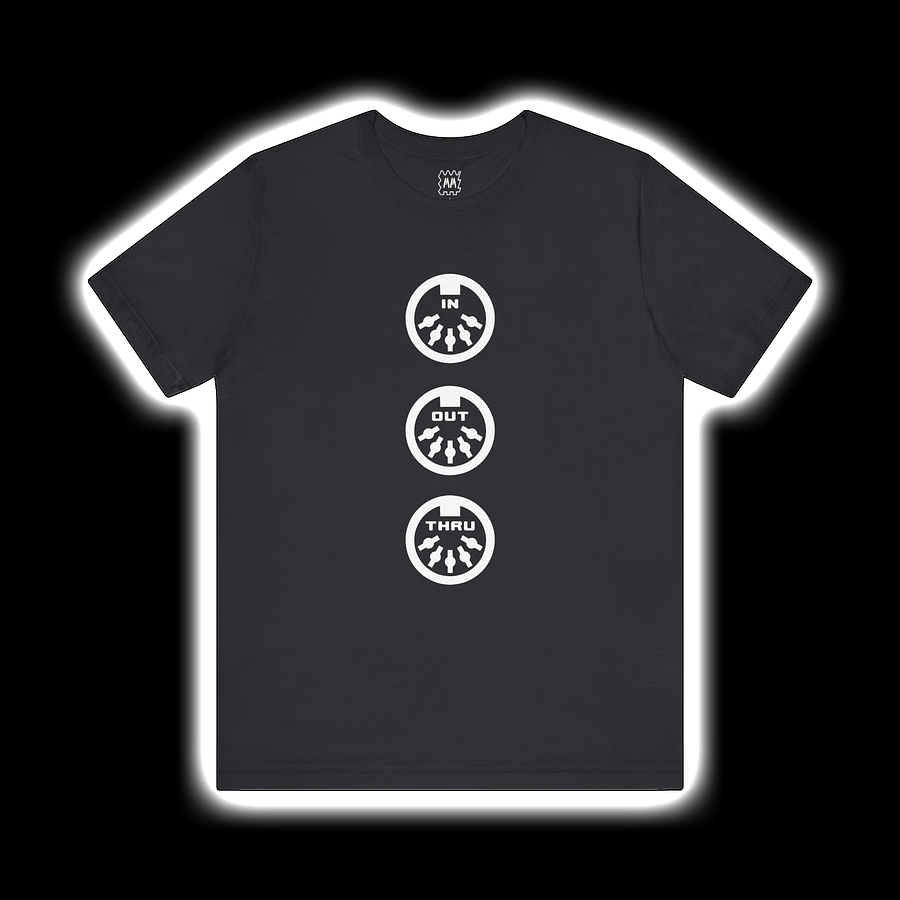 MIDI In Out Thru - Musical Instrument Digital Interface Synthesizer T-Shirt (WHITE PRINT) product image (1)