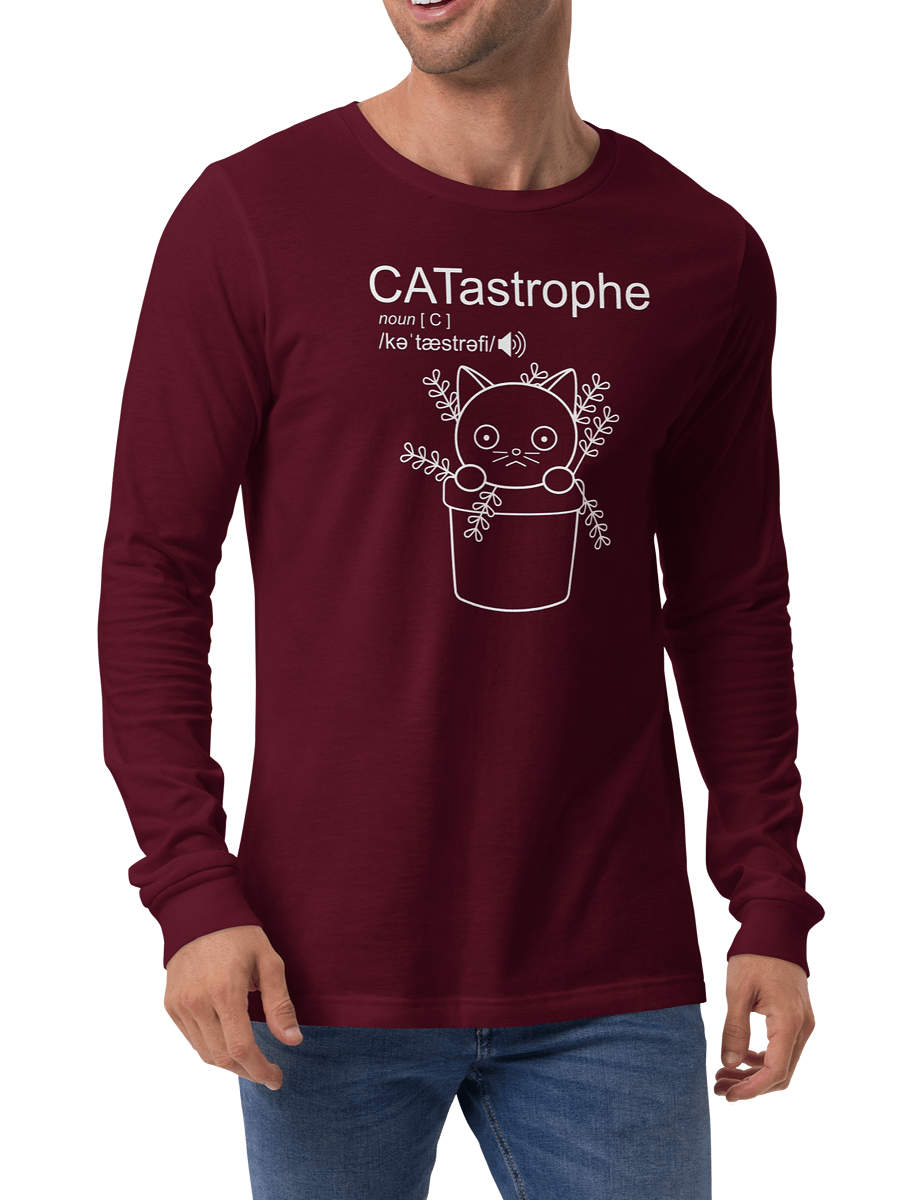 Catastrophe Unisex Long Sleeve Tee, Cat in Plant Pot, White Print product image (4)