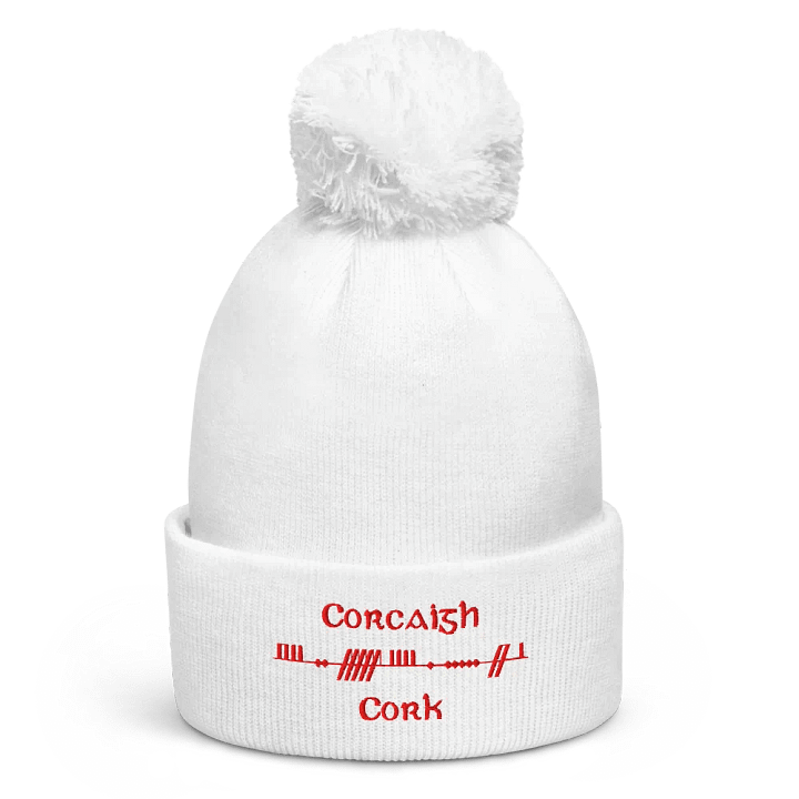 Cork/Corcaigh, Scholastic Style Ogham, white with red, embroidered Pom-Pom Beanie product image (1)