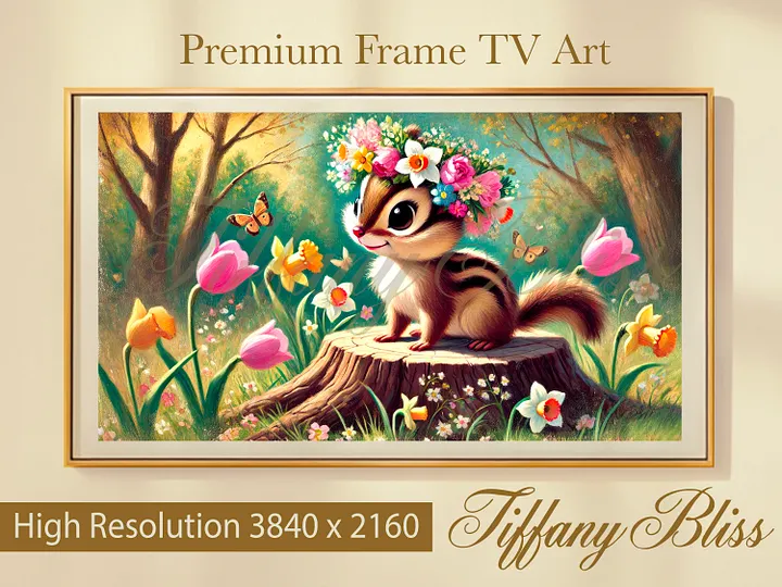 Spring Samsung Frame TV Art, Chipmunk Floral Crown Painting, Wallpaper, Screensaver, Digital Download product image (1)