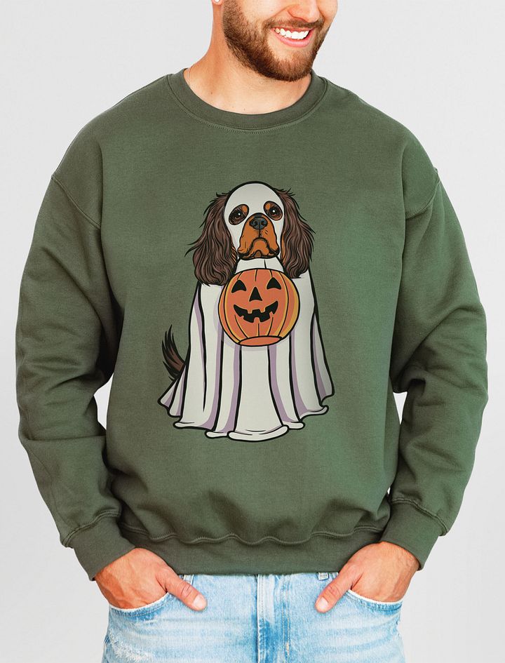 Funny Halloween Cavalier King Charles Spaniel(Brown & Tan) Sweatshirt | Funny Cavalier Wearing a Ghost Costume and Holding a Pumpkin Basket product image (15)