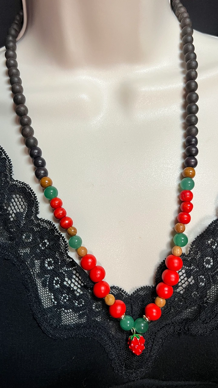 Necklace - Ebony and Green Aventurine Beads with Red Strawberry Enamel Charm product image (1)