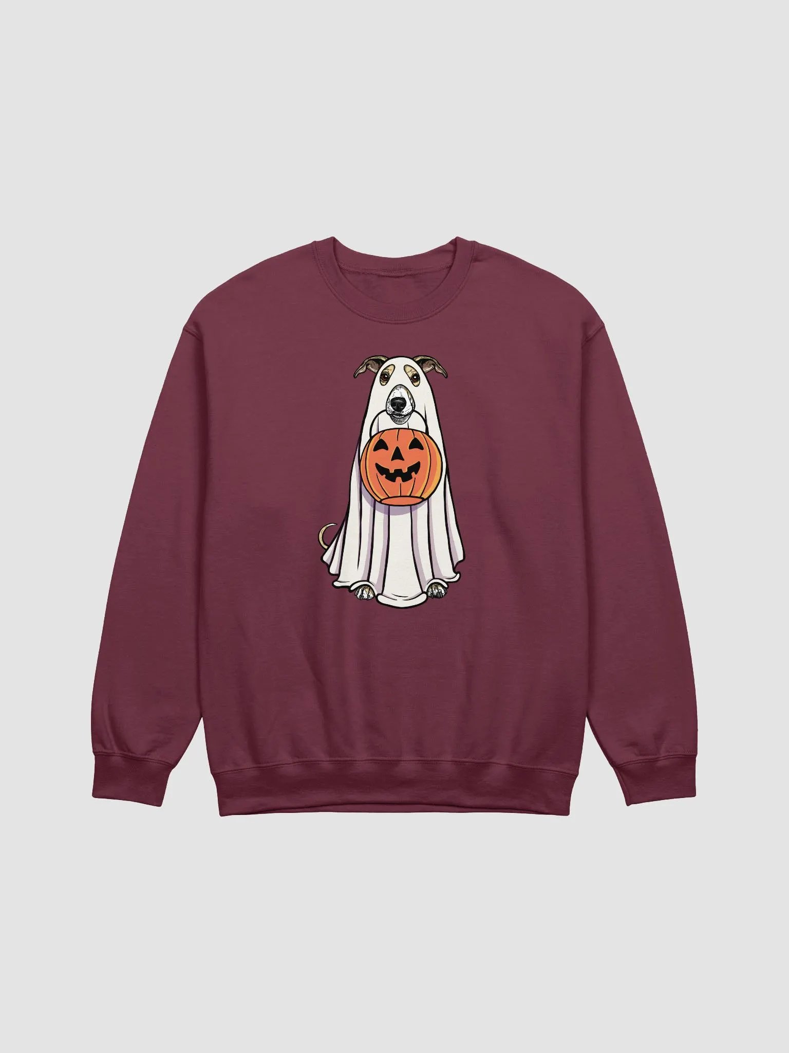 Funny Halloween Whippet(Fawn & White) Sweatshirt | Funny Dog Wearing a Ghost Costume and Holding a Pumpkin Basket product image (12)