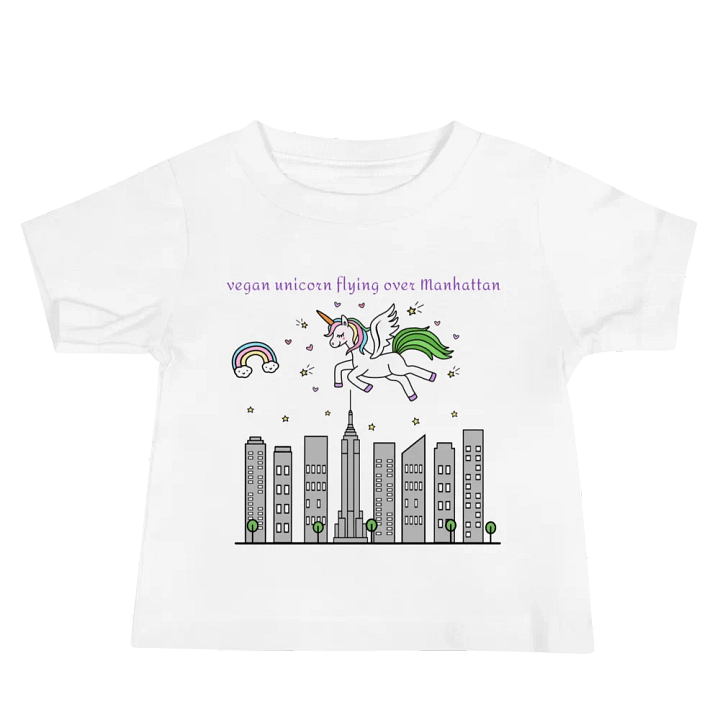 “Vegan Unicorn Flying Over Manhattan” White T-Shirt for Kids product image (1)