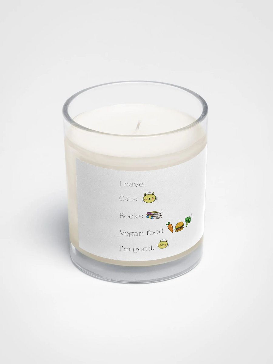 “Cats, Books, and Vegan Food” Soy Wax Glass Jar Candle product image (2)