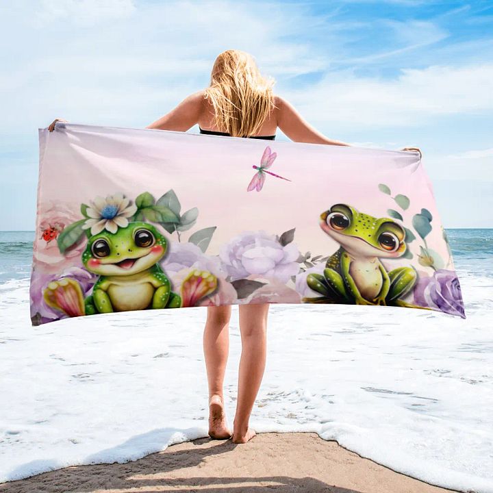 Cute frogs and flowers Bath towel product image (1)