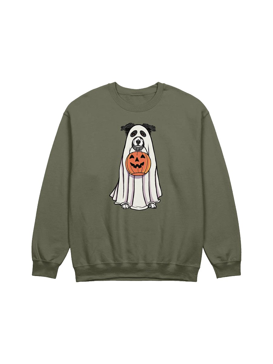Funny Halloween Australian Shepherd(Black and White) Sweatshirt | Funny Aussie Wearing a Ghost Costume and Holding a Pumpkin Basket product image (13)