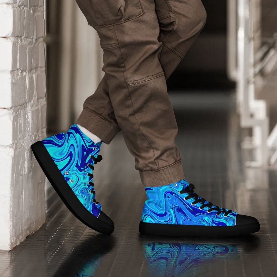 Men's High Top Canvas Shoes - Light and Dark Blue Digital Fluid Art product image (6)