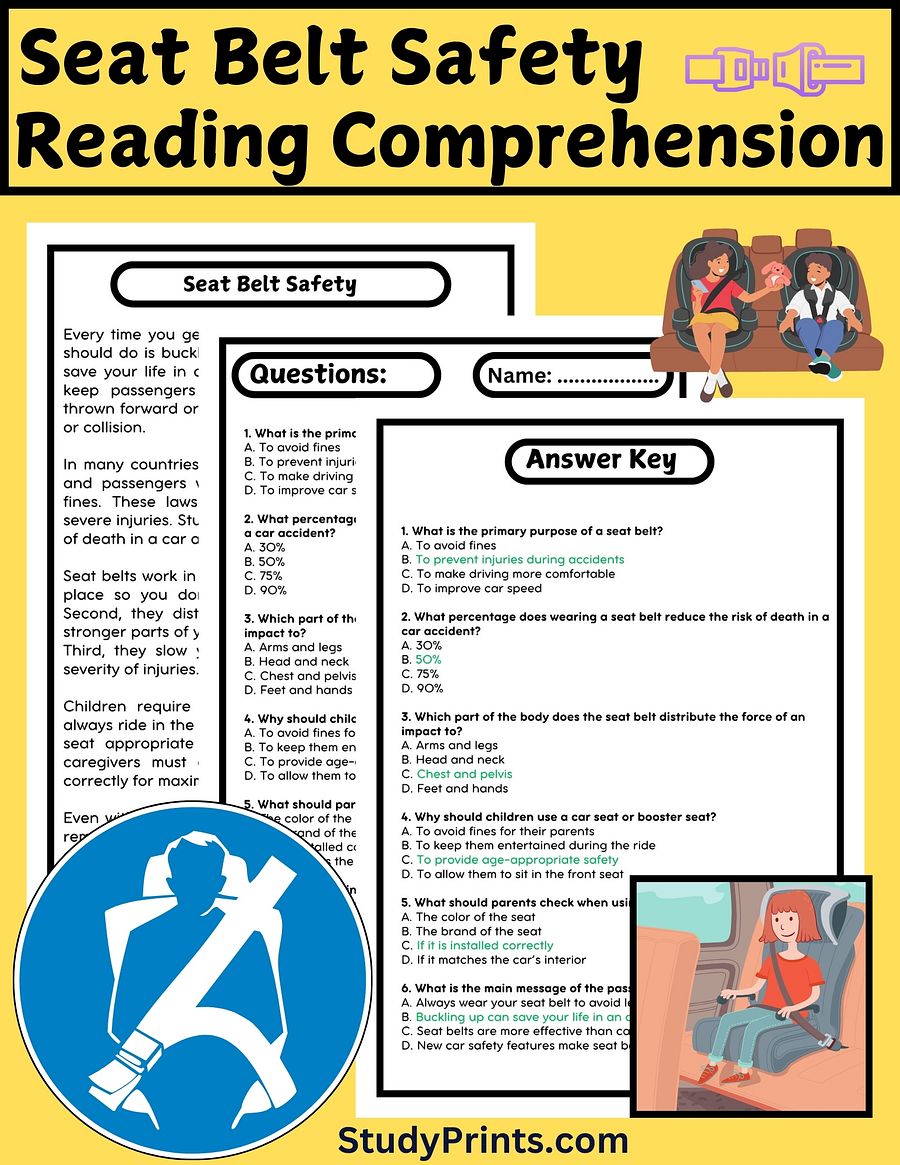Seat Belt Safety Reading Passage with Comprehension Questions product image (1)