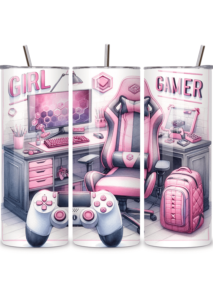 Girl Gamer 20oz Skinny Tumbler with Metal Straw – Stylish Pink Gaming Setup Design – Double-Walled Insulated Stainless Steel Tumbler for Hot & Cold Drinks, Perfect Gift for Female Gamers product image (1)