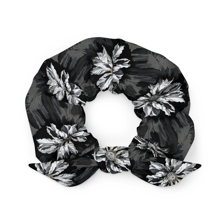 Hair Scrunchie - Painted Gray Flowers on a Black Background product image (1)