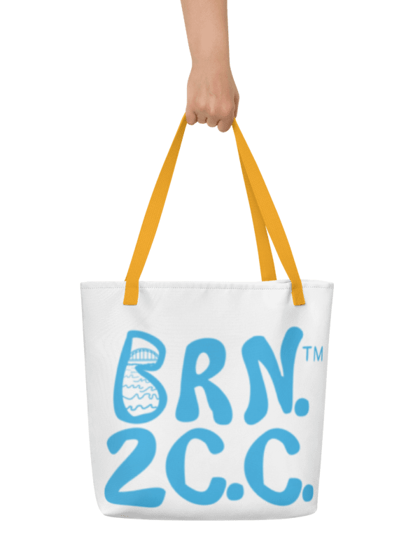 BRN.2C.C.™ | Large Tote Bag with Pocket | Coastal Classic | All-Over Logo Print | Blue Logo on White product image (1)