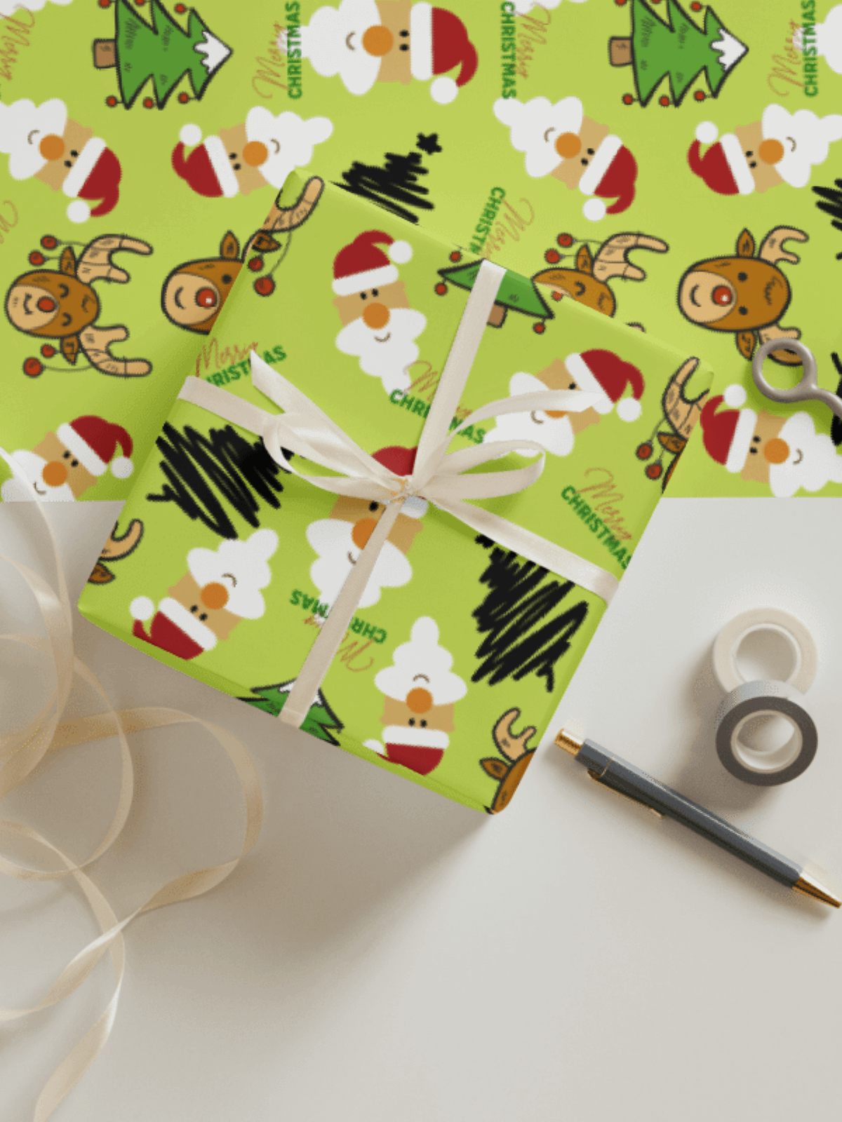 Reindeer, Santa, Christmas Tree Wrapping Paper - Green product image (1)