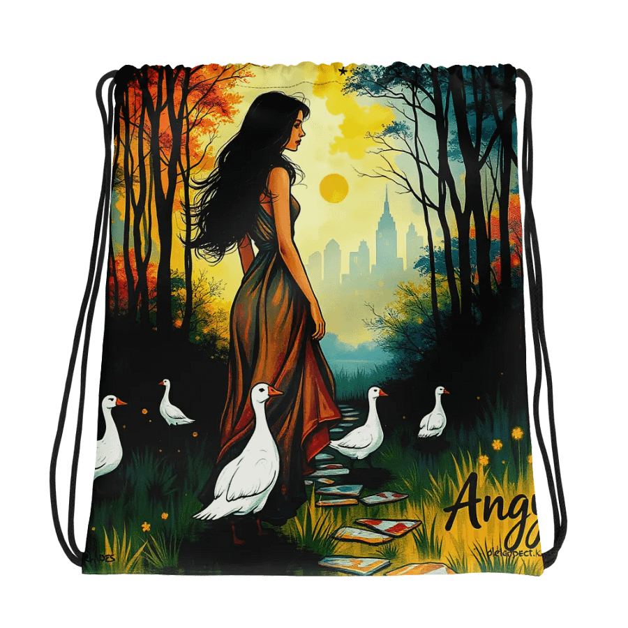 goose lady and her geese on a Tranquil Path All-Over Drawstring Bag product image (1)