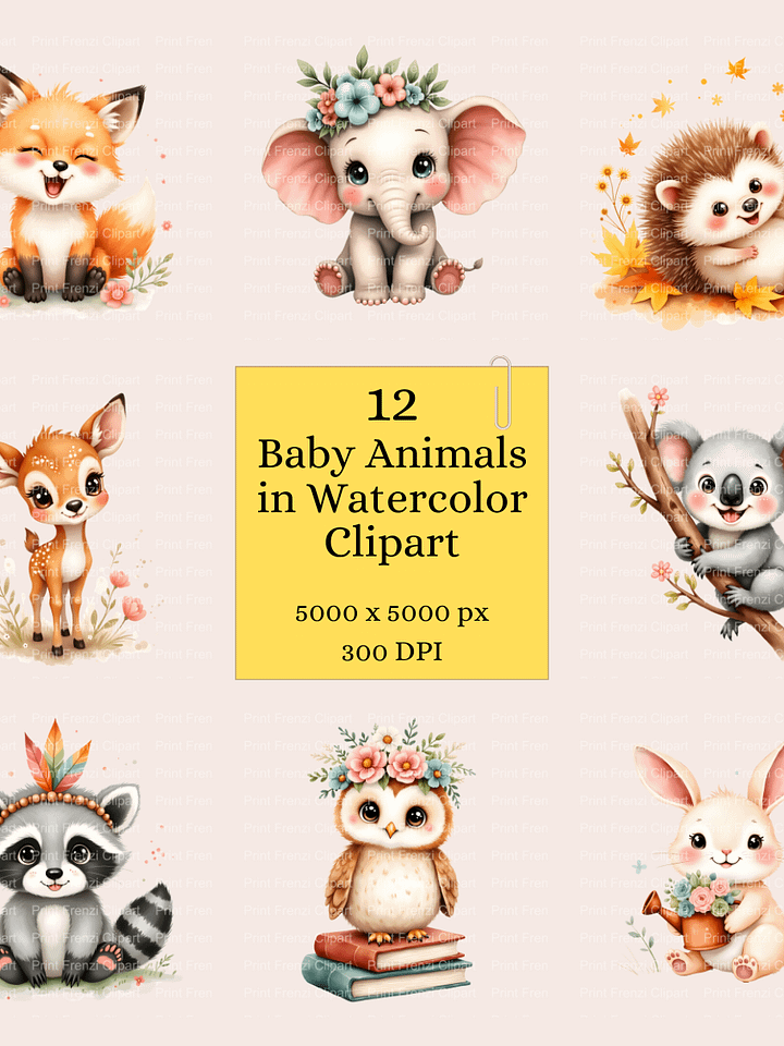 Adorable 12 Baby Animals Watercolor Clipart Bundle — perfect for nursery prints, baby shower décor, stickers, and digital design projects. Instant download. product image (1)