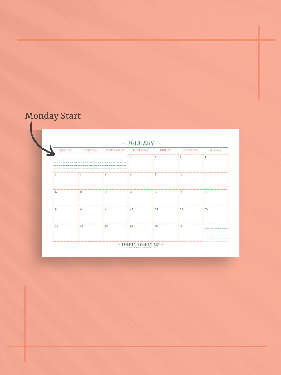 Peachy Green 2026 Calendar - Single Page per Month, Monday Start, Half Letter Size product image (2)