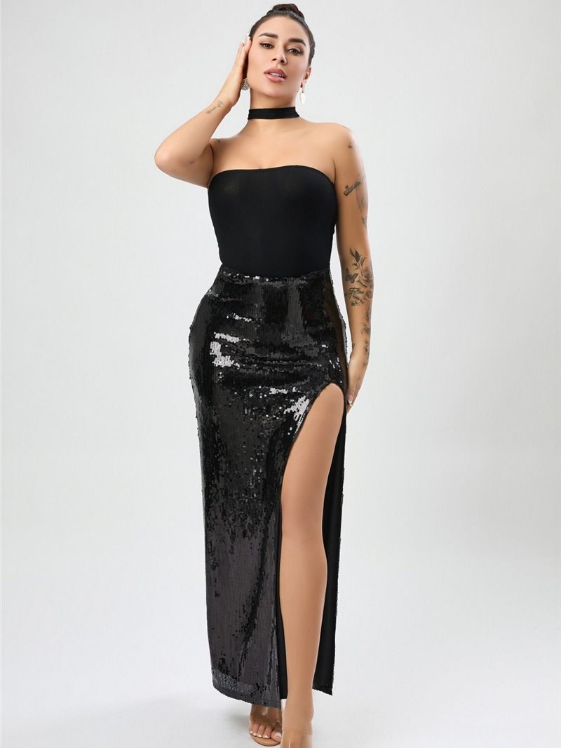 Wholesale high quality sexy slight stretch solid sequins high slit high waist maxi skirt product image (4)