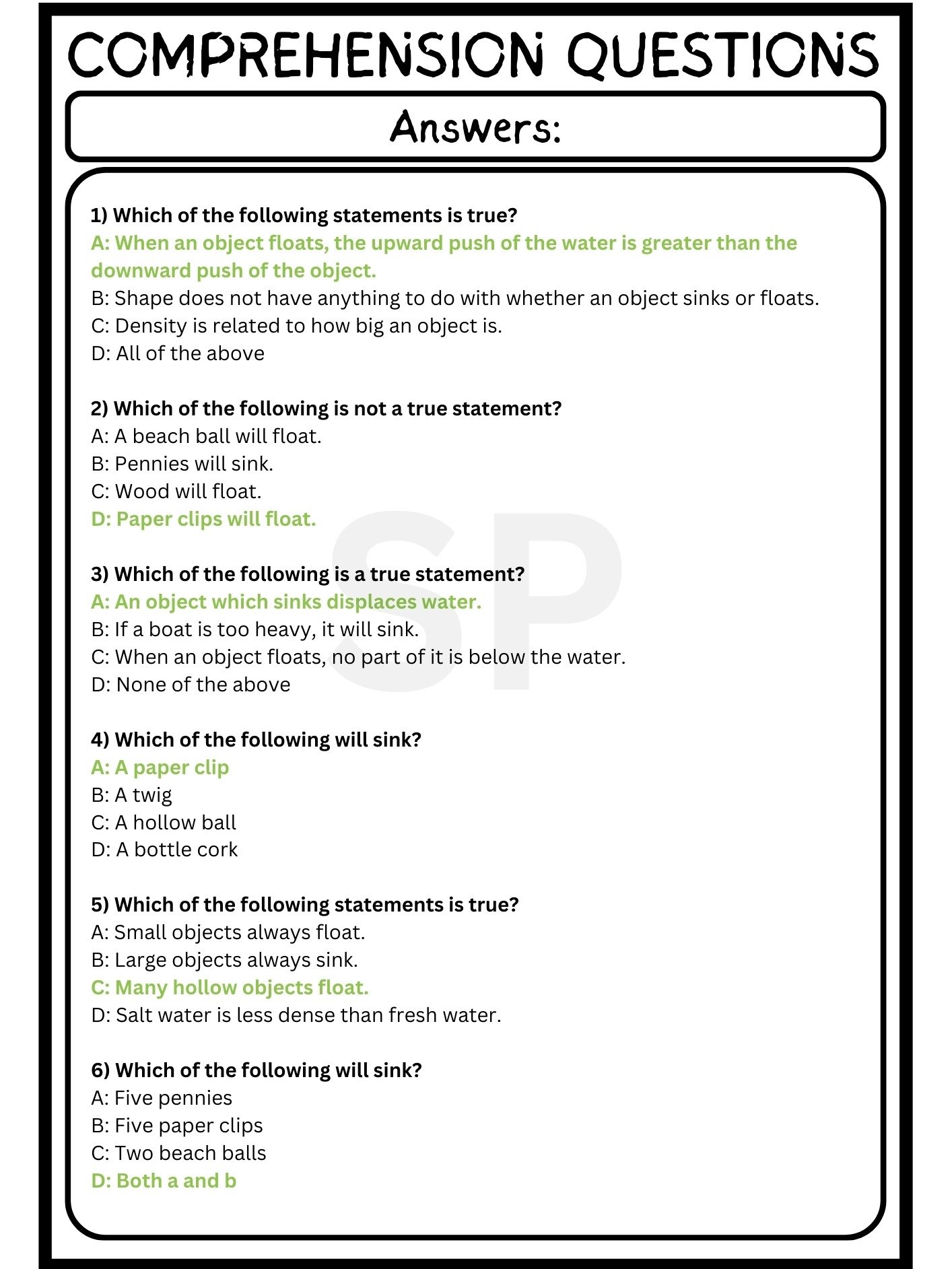 sinking and floating reading comprehension MULTIPLE-CHOICE QUIZ & ANSWER KEY product image (4)