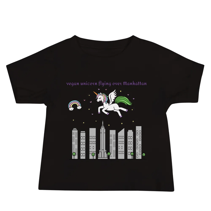 “Vegan Unicorn Flying Over Manhattan” Black T-Shirt for Kids product image (1)