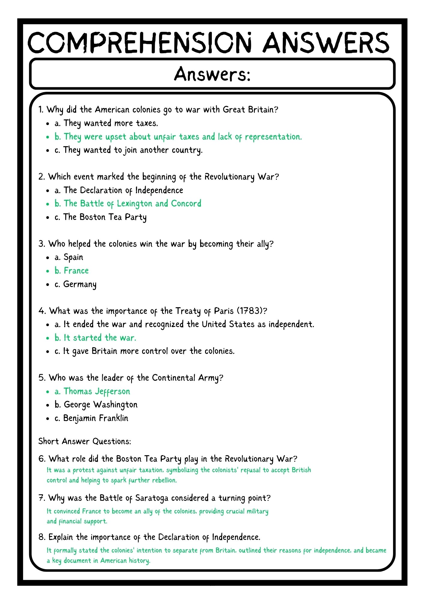 the American Revolutionary War READING COMPREHENSION WORKSHEET WITH 8 QUESTIONS PDF product image (4)
