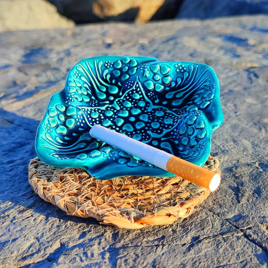 Ceramic turquoise ashtray, square - Turkish Iznik Style Decor, 10 cm — handmade pottery product image (6)
