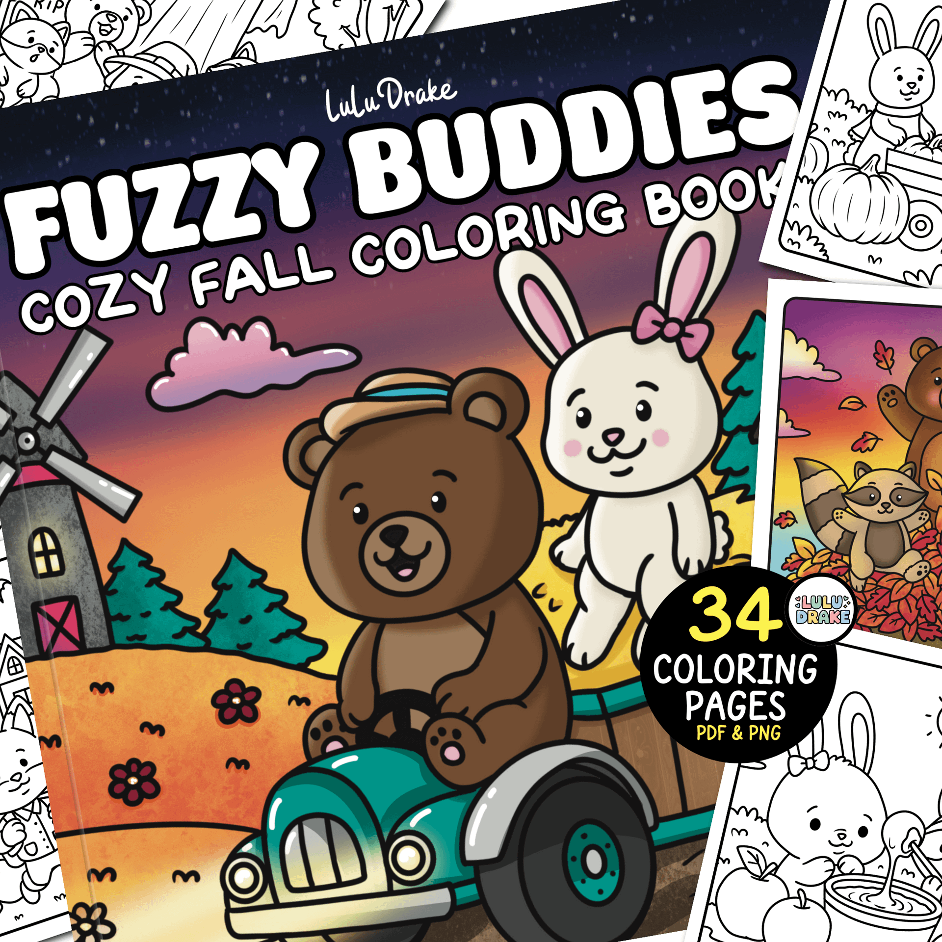 Fuzzy Buddies Cozy Fall Coloring eBook, BIG PACK 34 Pages | ★ DIGITAL ★ product image (1)