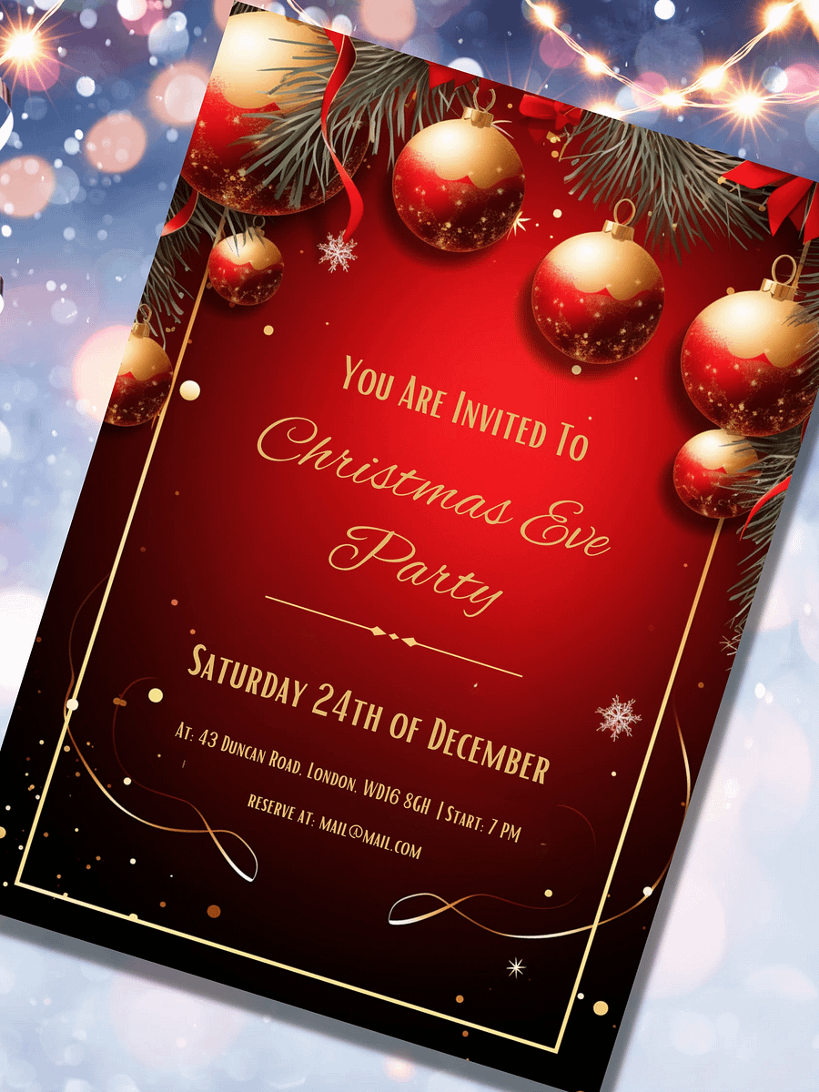 Vivid Red and Gold Christmas Party Invitation | Editable in Canva | Christmas Party Printable | Holiday Invitation Template | Link to Canva product image (4)