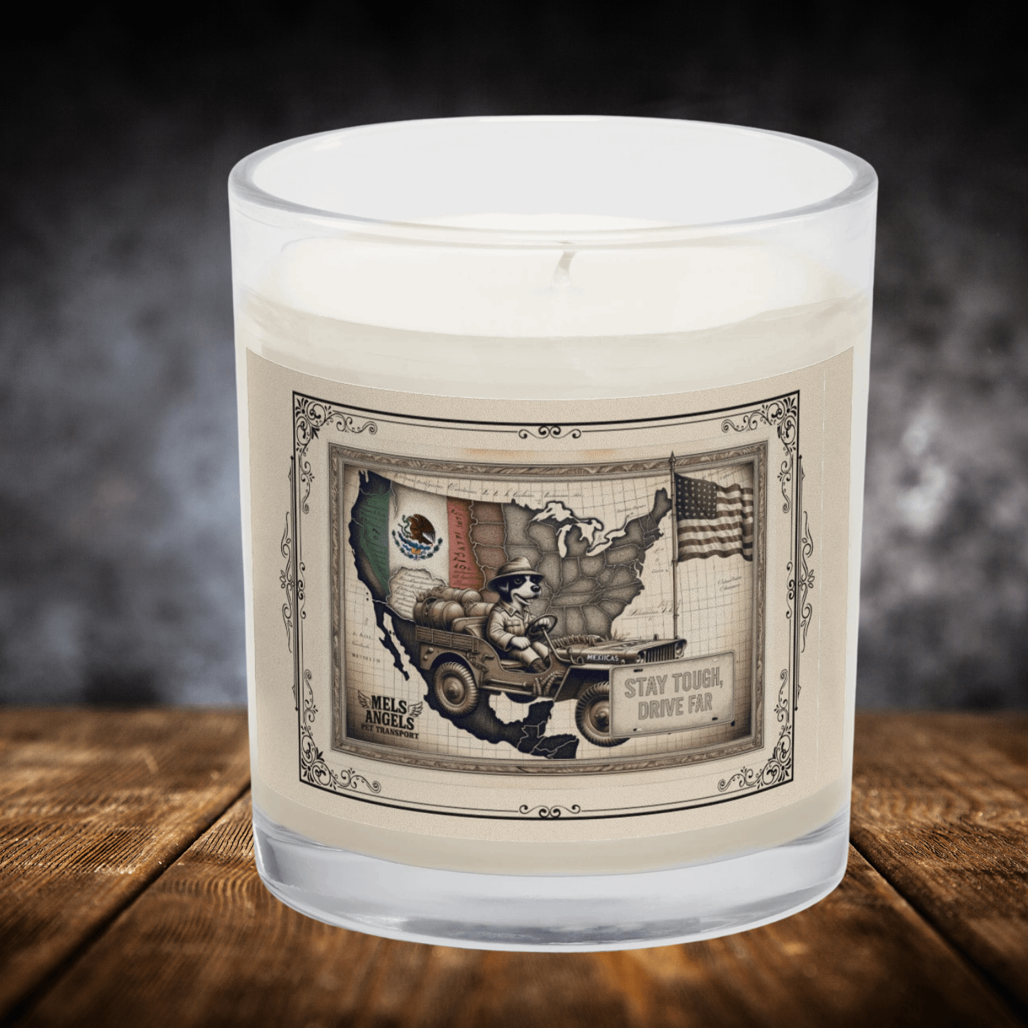 Mels Angels "Stay Tough, Drive Far" Soy Wax Candle – Vintage Map & Dog Design product image (1)