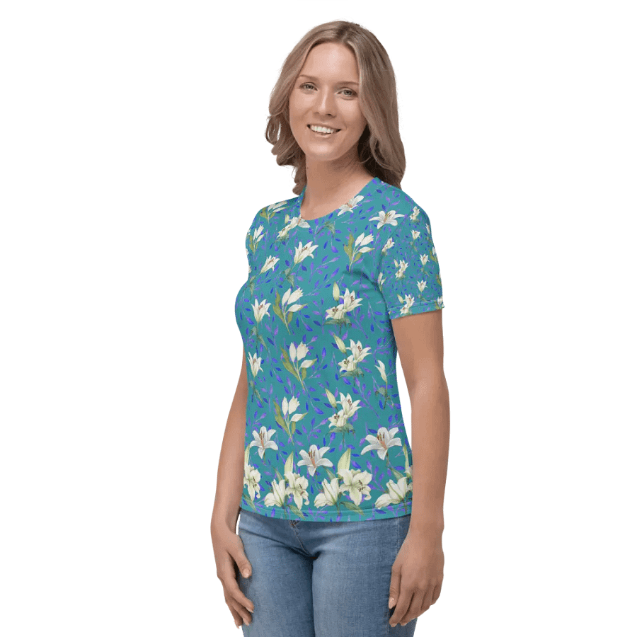 Ladies T shirt all over print blue and white flowery design giving a fresh holiday  fee product image (3)