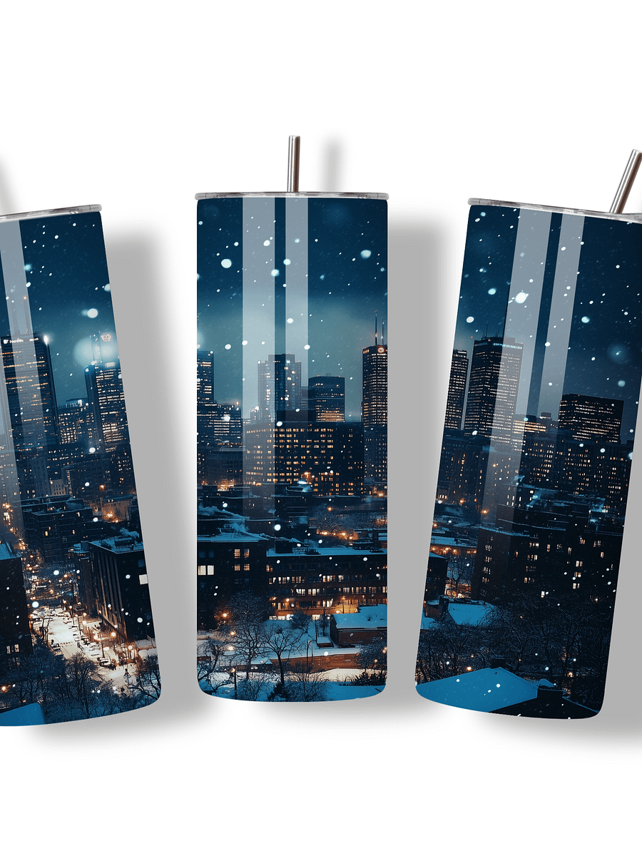 Winter City Skyline 20oz Skinny Tumbler with Metal Straw – Elegant Snowfall and Urban Design – Double-Walled Insulated Stainless Steel Tumbler, Great for City and Winter Lovers product image (3)