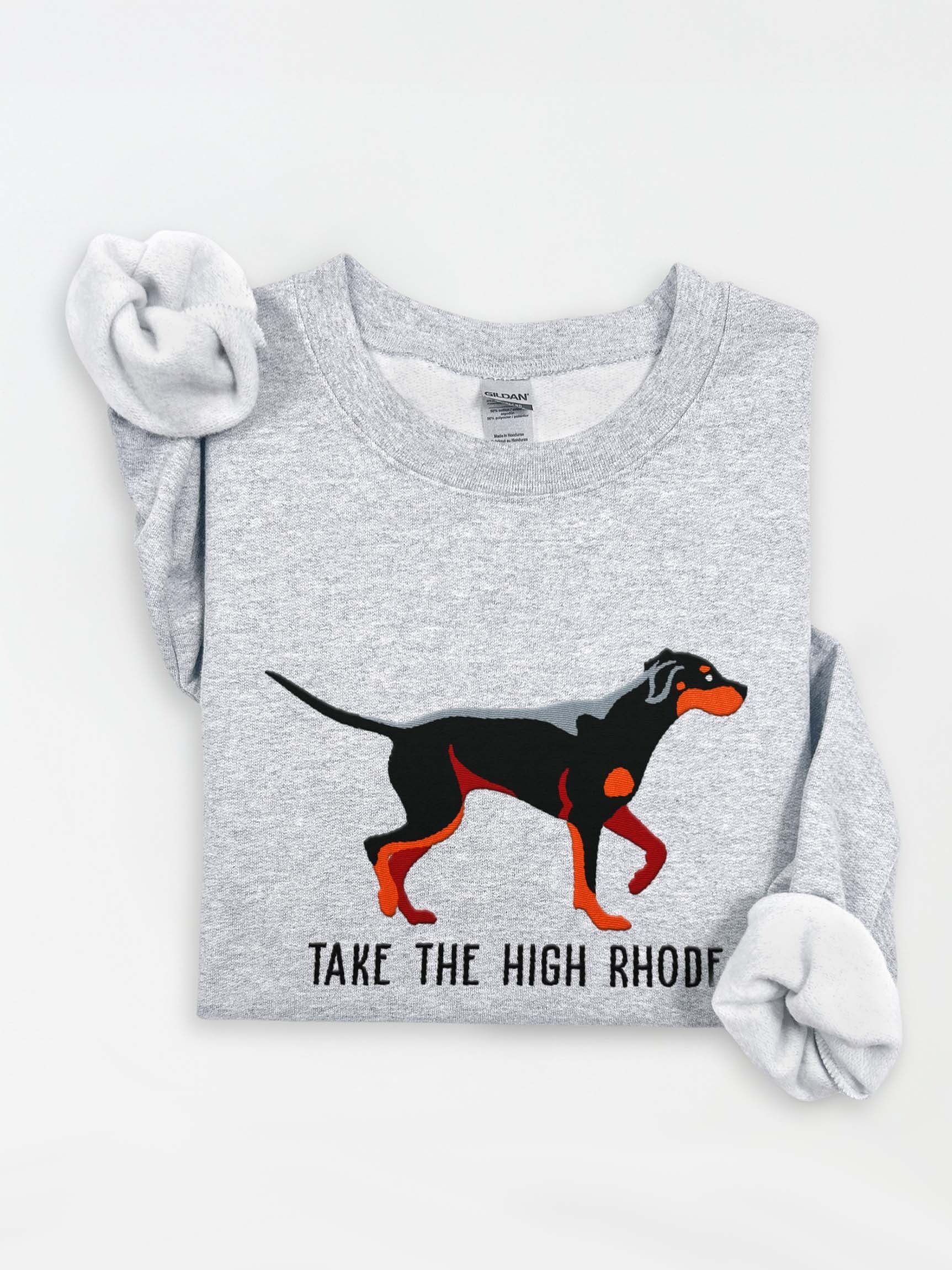 Take the High Rhode Sweatshirt (Embroidered) of a Rhodesian Ridgeback(Black & Tan) product image (1)