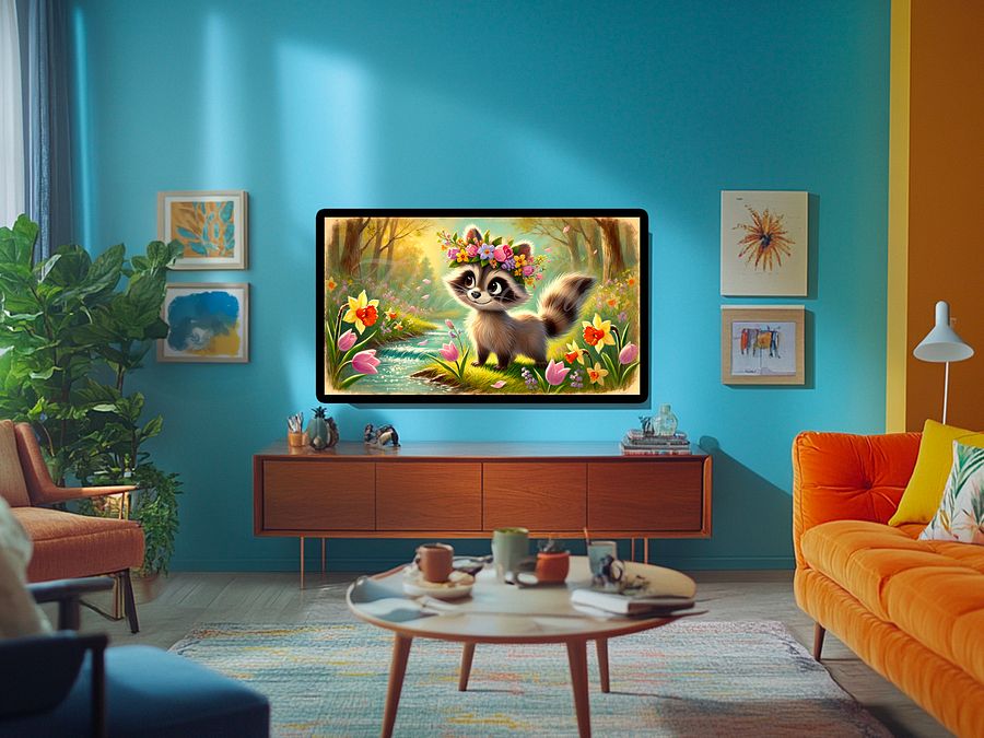 Spring Frame TV Art, Raccoon Floral Wreath Painting, Cute Easter Decor Digital Download product image (3)