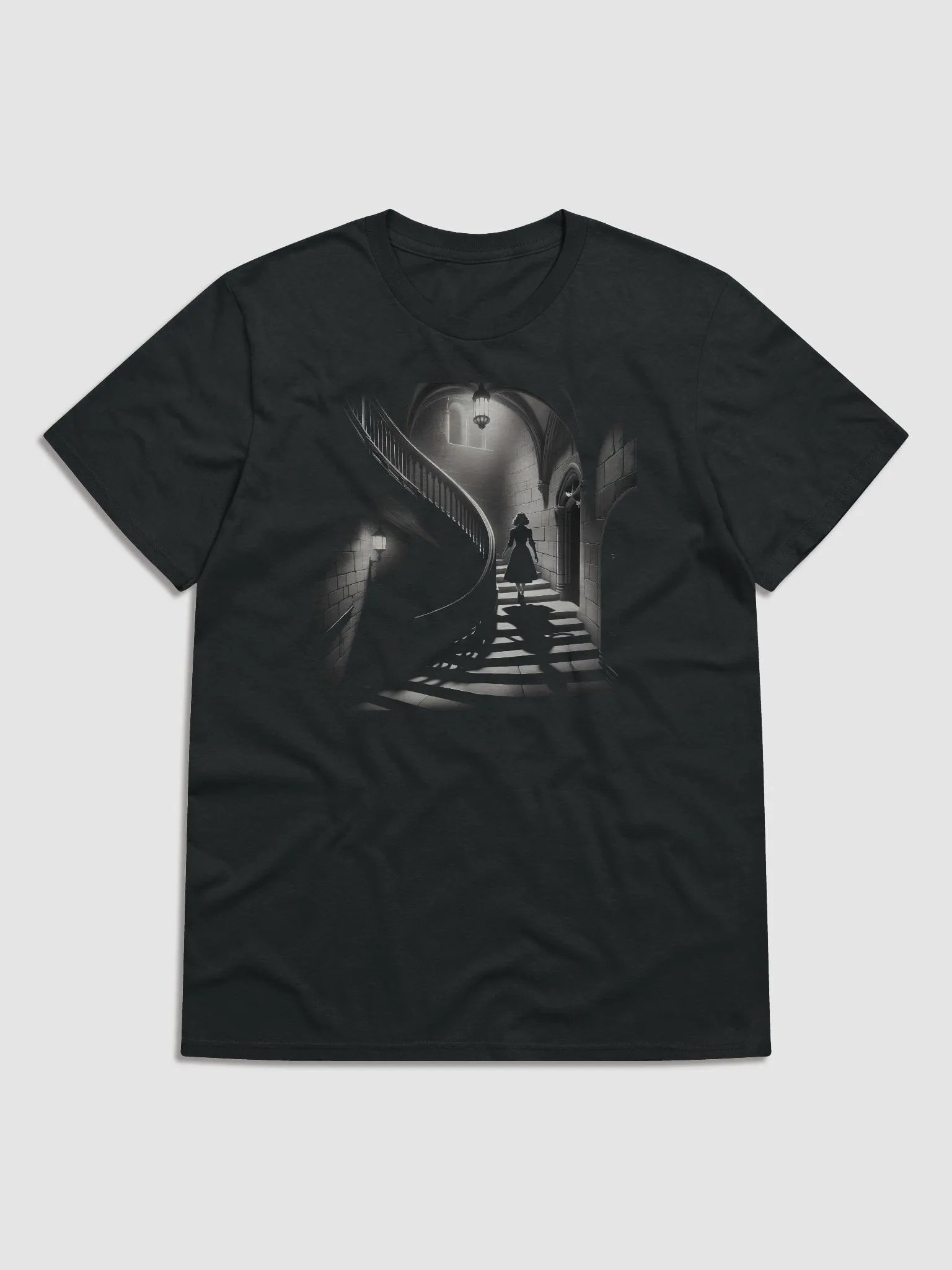 Spiral Staircase Mystery: Elegance in Noir (Front Print Womens Tee) product image (1)