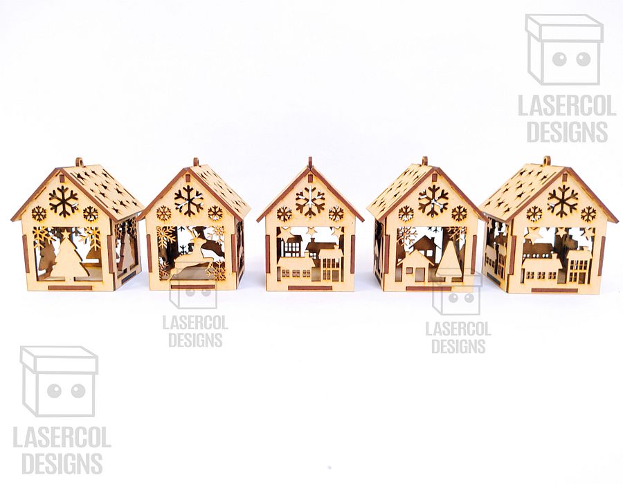 Christmas House Ornaments Set 3 (2 Sizes, 5 Styles) - Laser Cut Files product image (5)