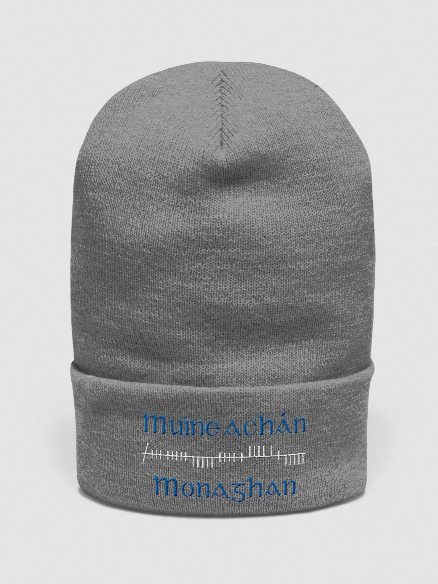 Monaghan/Muineachán Orthodox style Ogham, blue and white embroidered Cuffed Beanie product image (11)