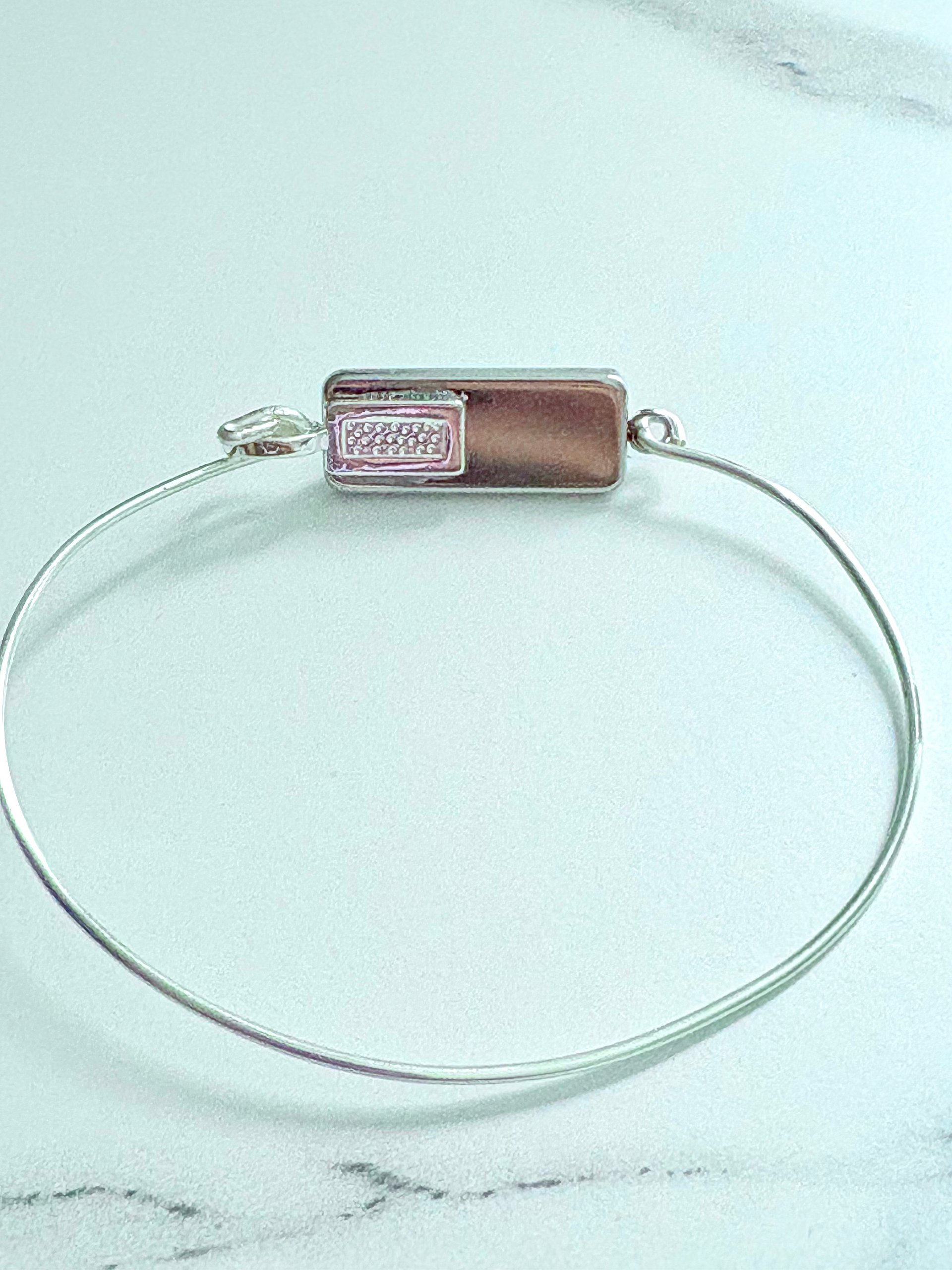 MFD-00174 | ⚡ Electric Tide Bangle | 7.75" Silver-Plated Wire Bracelet with Green and Silver Marbling | Rectangle Charm | Handmade Coastal Charm Jewelry by Monique Faella Designs™ product image (4)