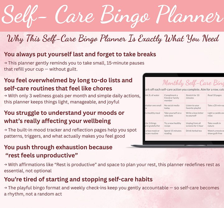 Self-Care Bingo Planner Digital Printable Gentle Wellness Tracker product image (2)
