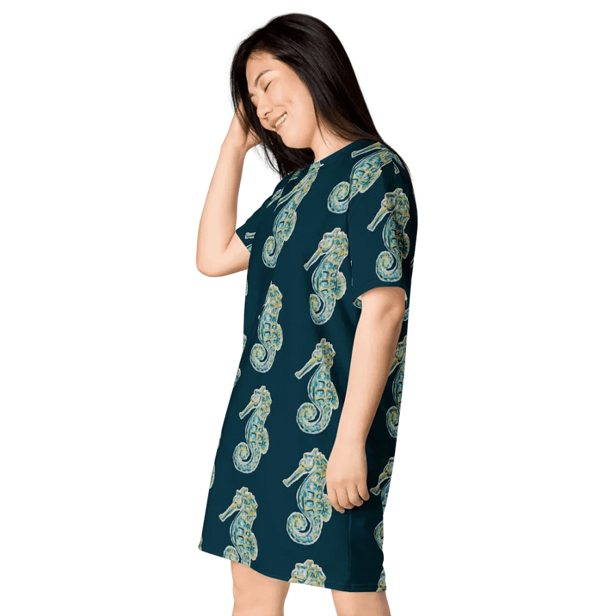 Women's | Ocean Majesty | Painted Seahorse | T-Shirt Dress | Coastal Oversized Dress | Ocean-Inspired Casual Style | Blue Whale Background product image (3)