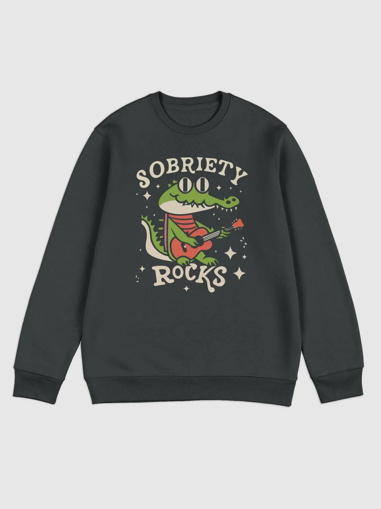 Sobriety Rocks Retro Crocodile Playing Guitar Sweater product image (1)