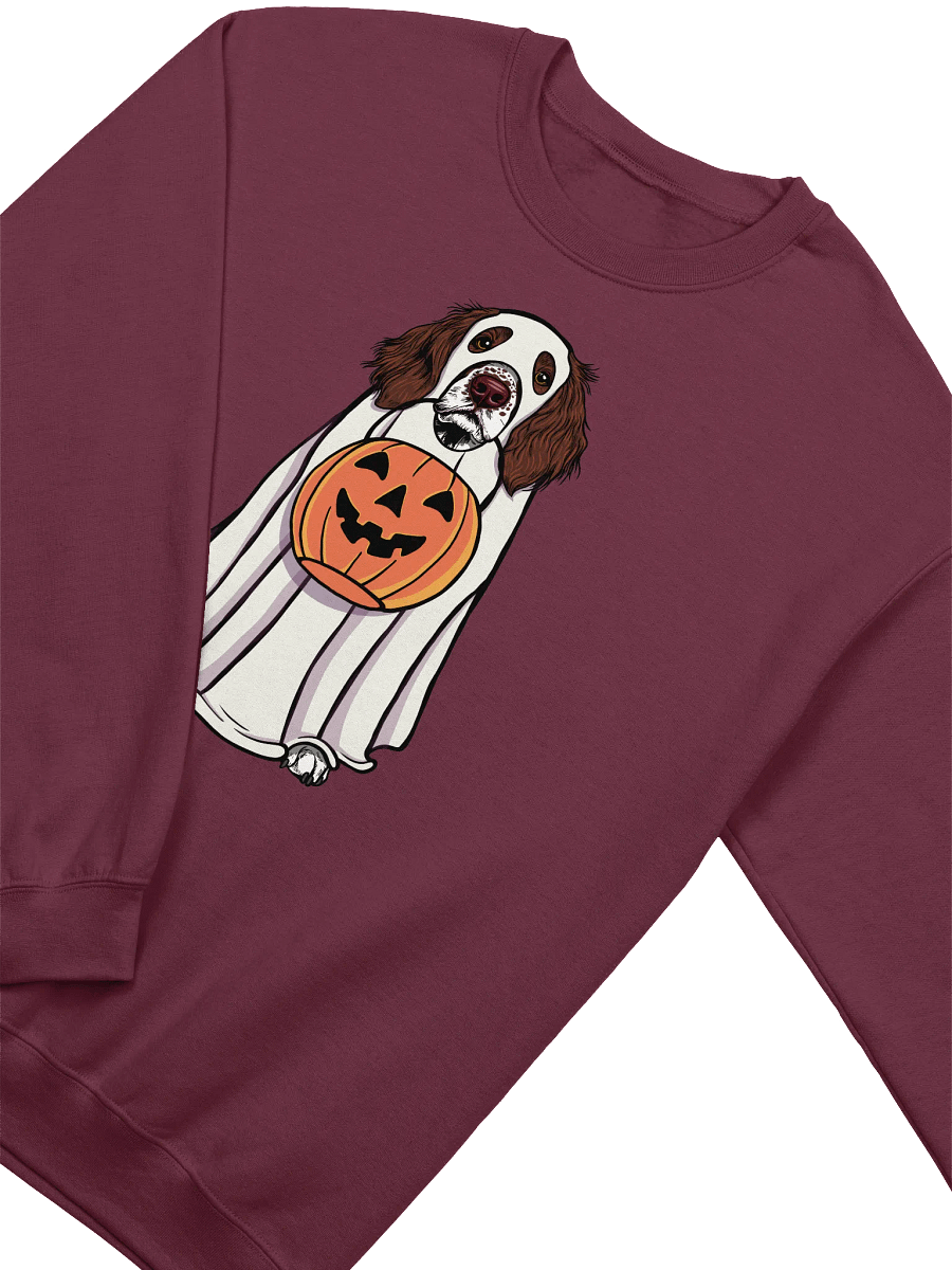 Funny Halloween Springer Spaniel Sweatshirt | Funny Springer Spaniel Wearing a Ghost Costume and Holding a Pumpkin Basket product image (13)