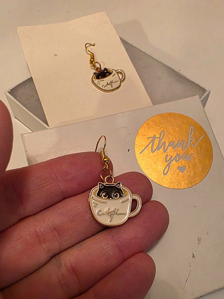Purrrfectly Cozy Café Cat Earrings - Gold Dangle Hooks product image (1)