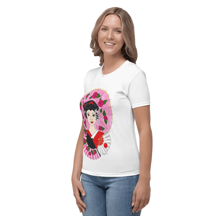Japanese Geisha (art by Dina R.) acrylic painting - Women's Crew Neck T-Shirt product image (3)