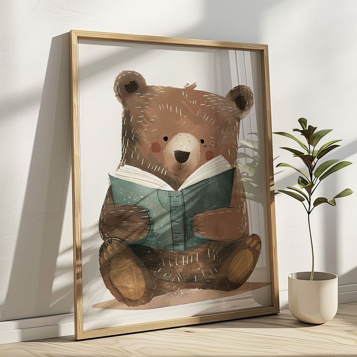 Cute Bear Reading a Book Watercolor Nursery Art Print product image (1)