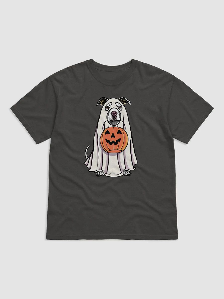Funny Halloween Pitbull Terrier T-Shirt | Funny Pittie Wearing a Ghost Costume and Holding a Pumpkin Basket product image (17)