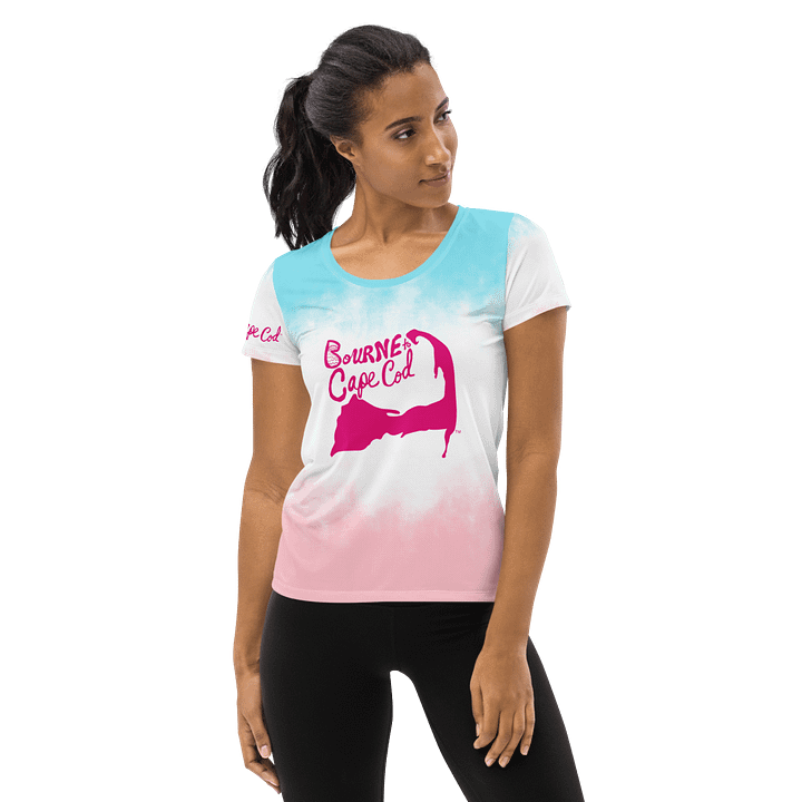 Women's | BOURNE to Cape Cod™ | Sporty Prep Tee ⚓️ | Athletic Style | Pink Logo on Pastel Patriotic product image (1)
