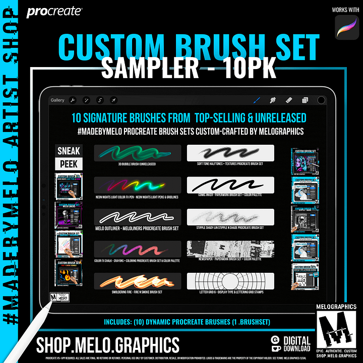 Custom Procreate Brush Set Sampler - 10pk | #MadeByMELO product image (1)