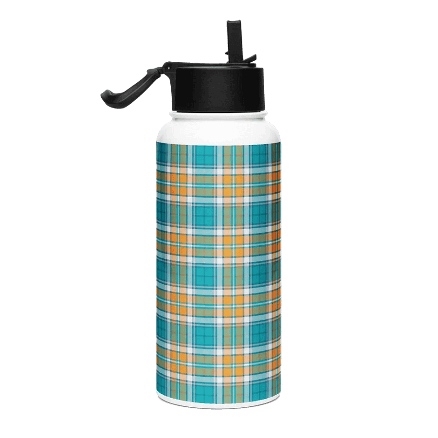 Turquoise and Orange Sporty Plaid Water Bottle product image (1)