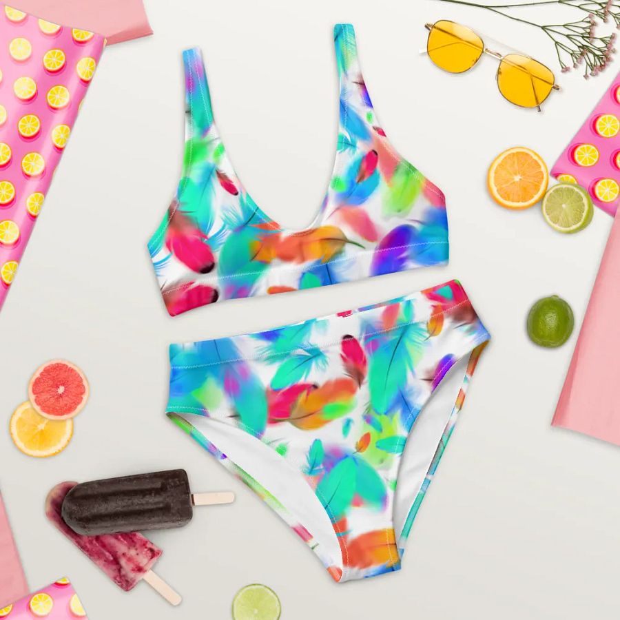 Colorful Feather Pattern Design High Waisted Bikini - v3 product image (9)